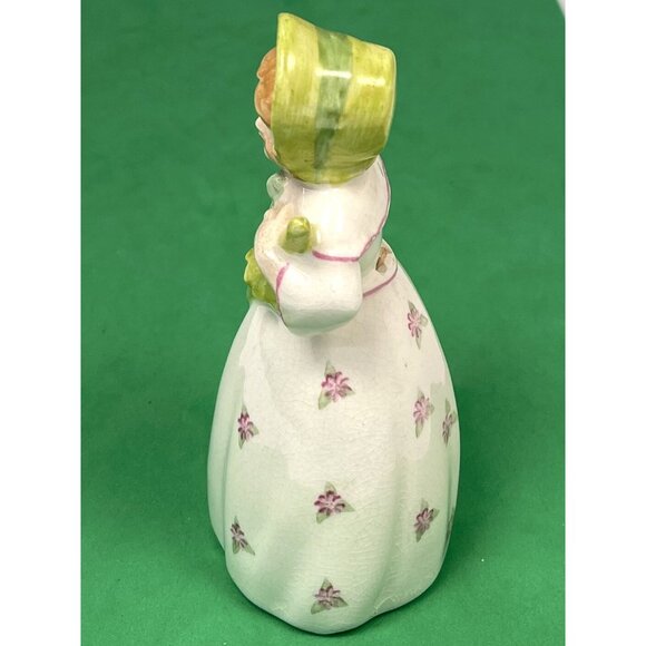 VTG 4.5" Handpainted Ceramic Girl BELL Figurine Floral Bouquet Green Bonnet EUC - Picture 4 of 6